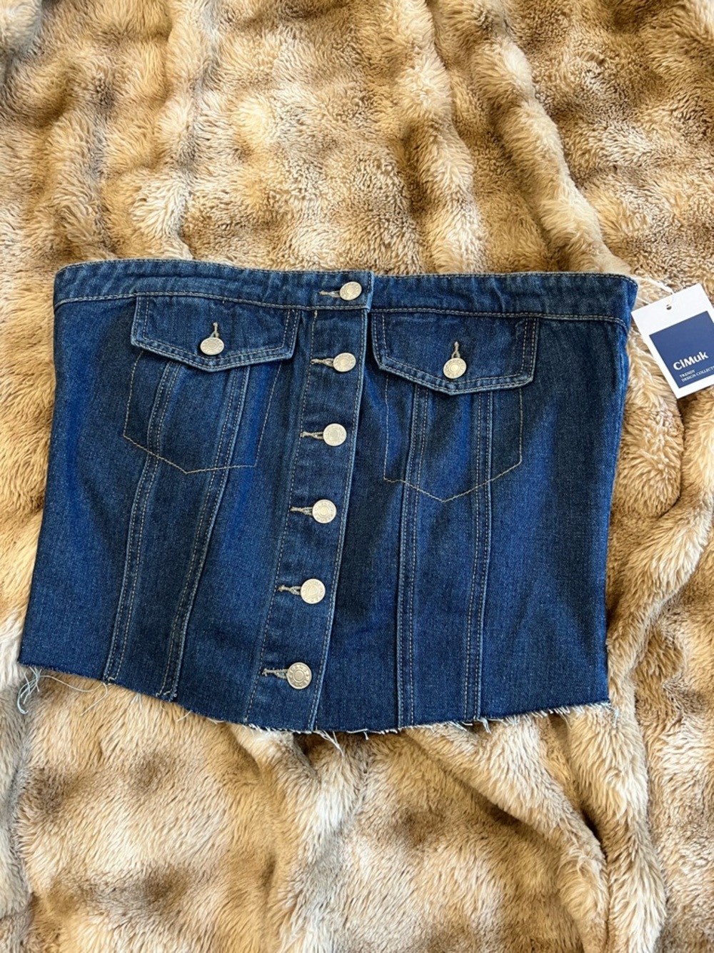 CIMIuk Dark Blue Denim Strapless Corset Top